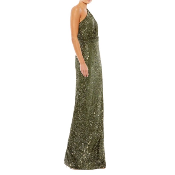 NWT Ieena for Mac Duggal 26694 Olive Sequined Ruched One Shoulder Gown - Sz 8 - Picture 3 of 12